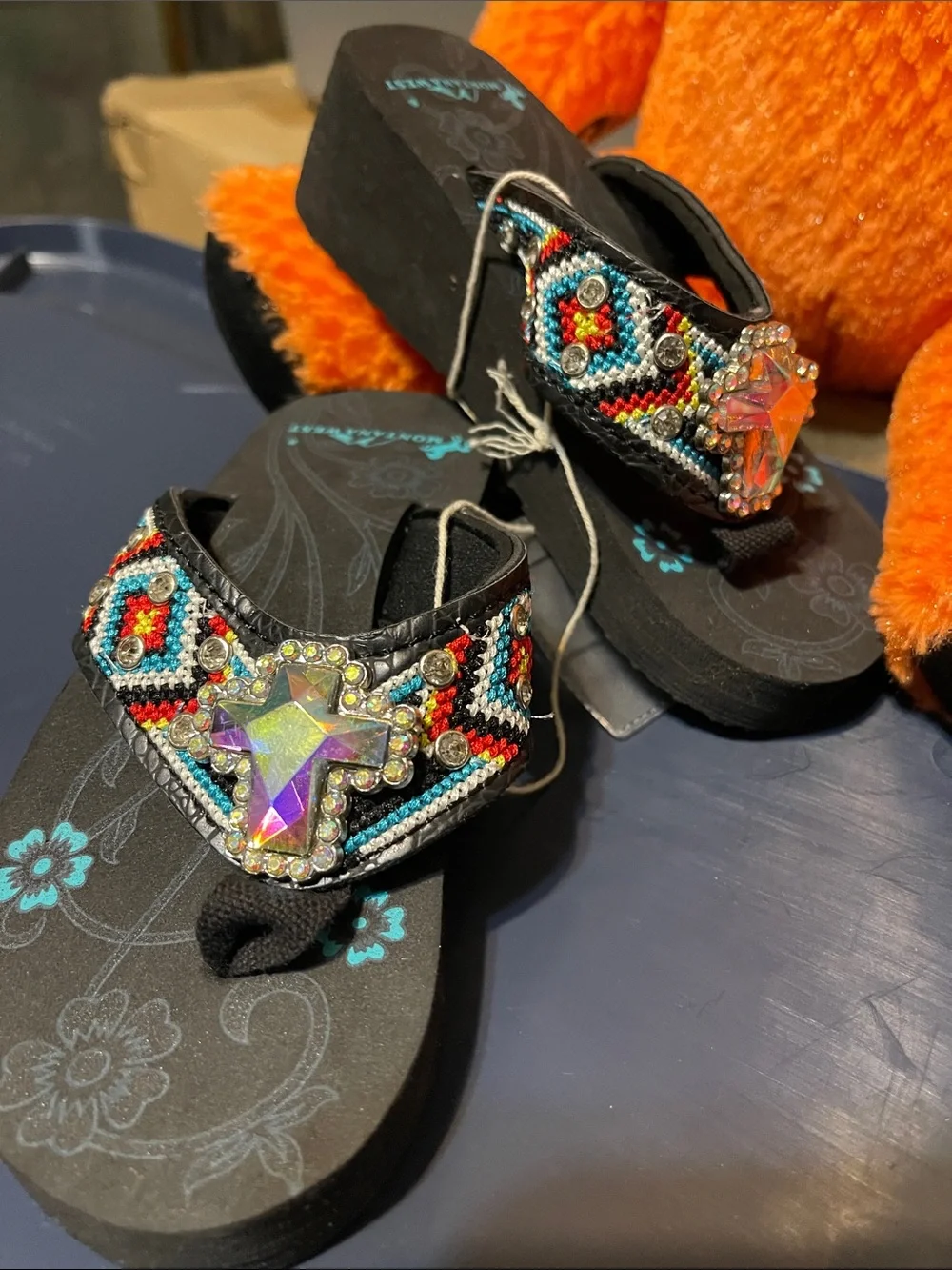 Girls Black Beaded Flip Flops with Star Gem Accent size S 10-11